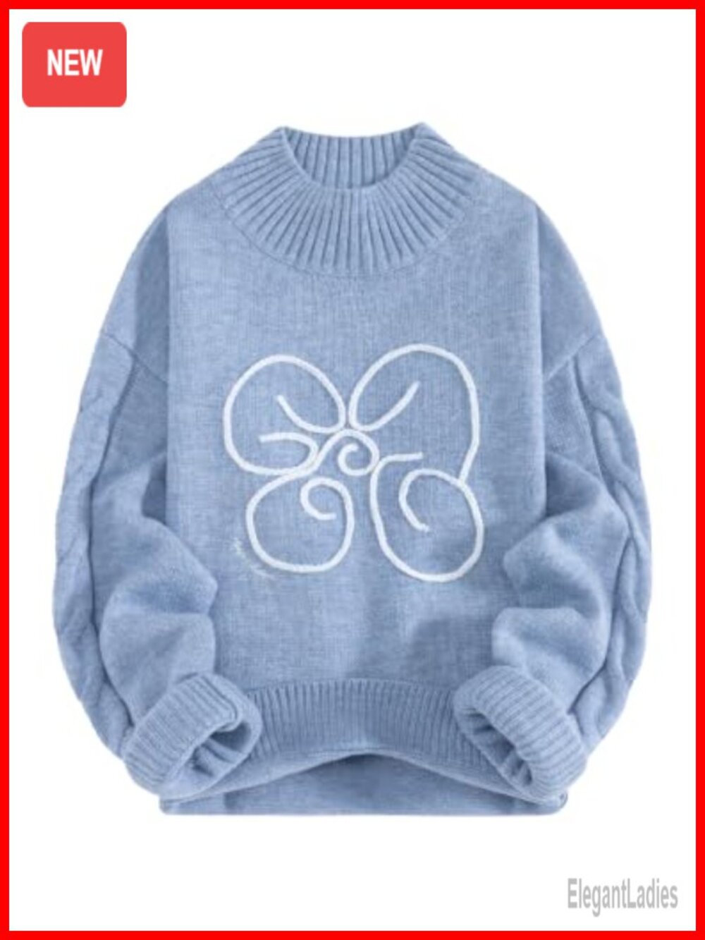 Oversized Knit Sweater Mock Neck Flower Graphic Pullover